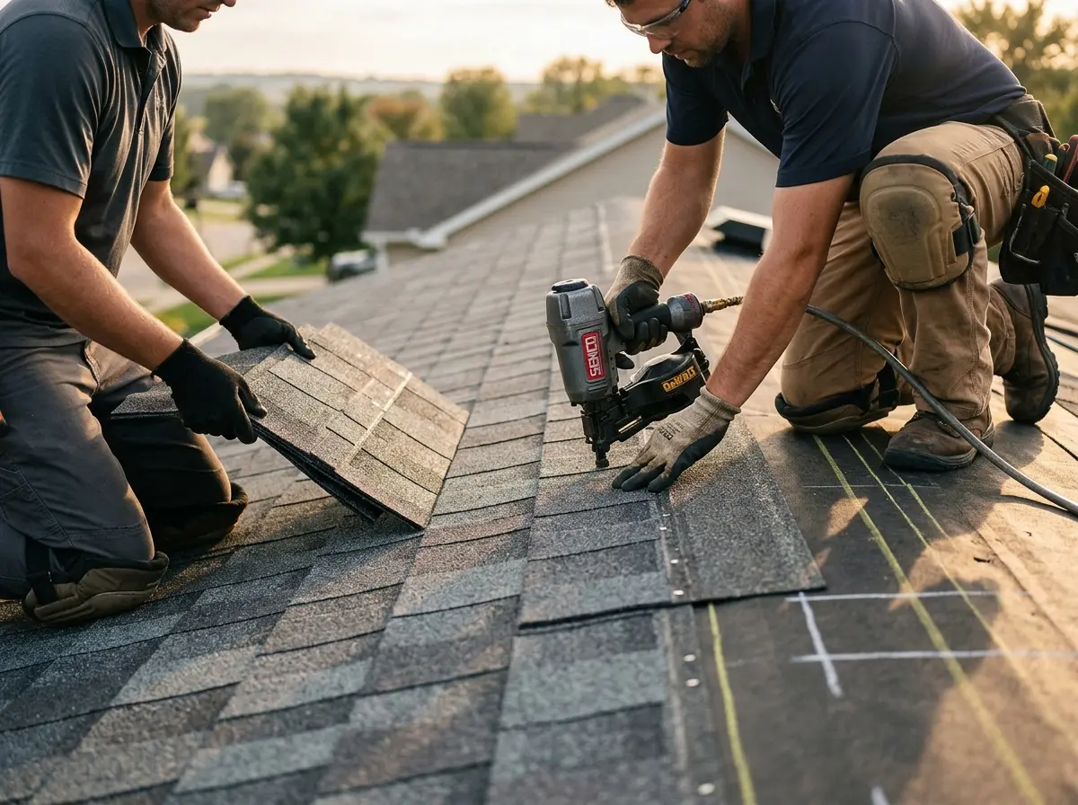 Professional roofer working on a residential roof in Camp Swift